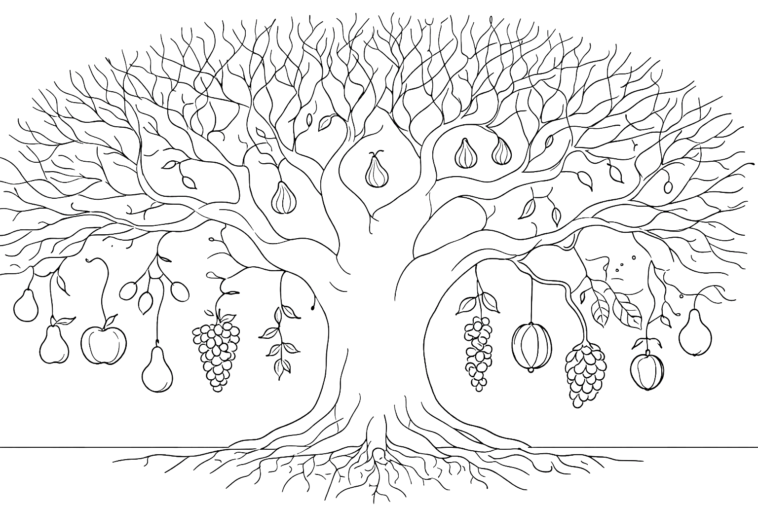 Line art illustration of a fruitful tree bearing diverse fruits